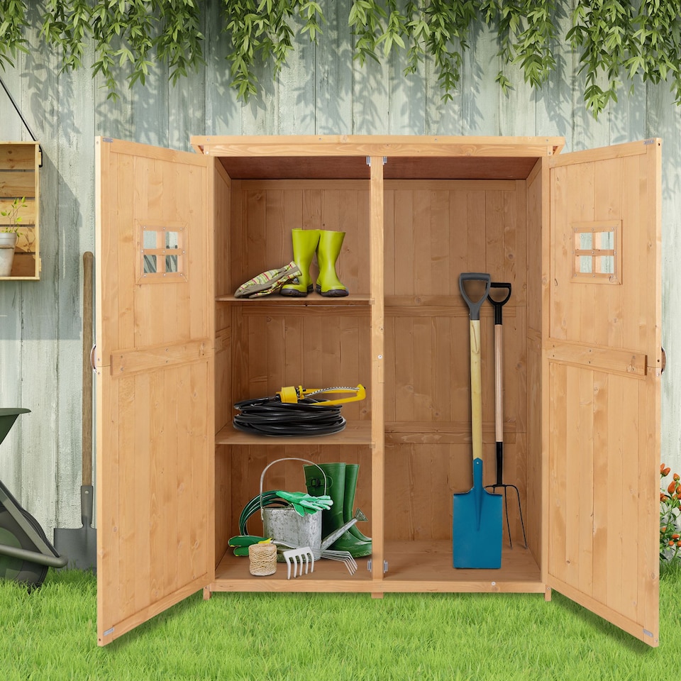 image 1 of Outsunny Wooden Garden Shed with Two Windows, Tool Storage Cabinet, Outdoor Double Door Organizer 127.5L x 50W x 164H cm, Natural