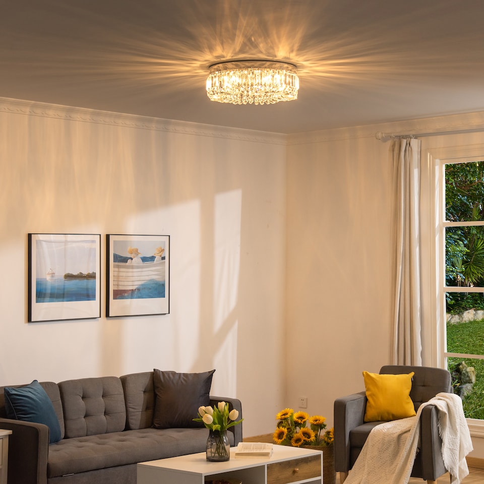 image 1 of HOMCOM Crystal Ceiling Light Modern Chandeliers Stainless Steel Pendant Lights with Crystal Decorations for Living Room Bedroom Dining Room Hall Silver