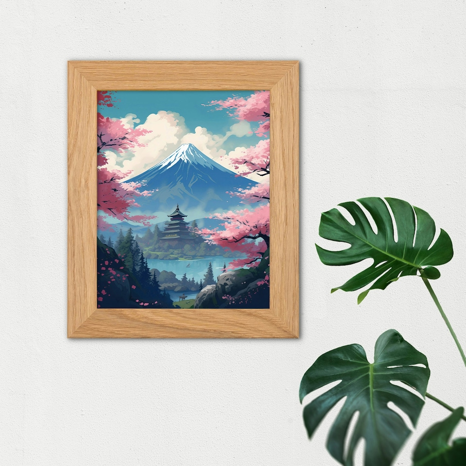 image 1 of Japanese Temple Mount Fuji Lake Cherry Blossoms Art Oak Wood Framed Wall Print