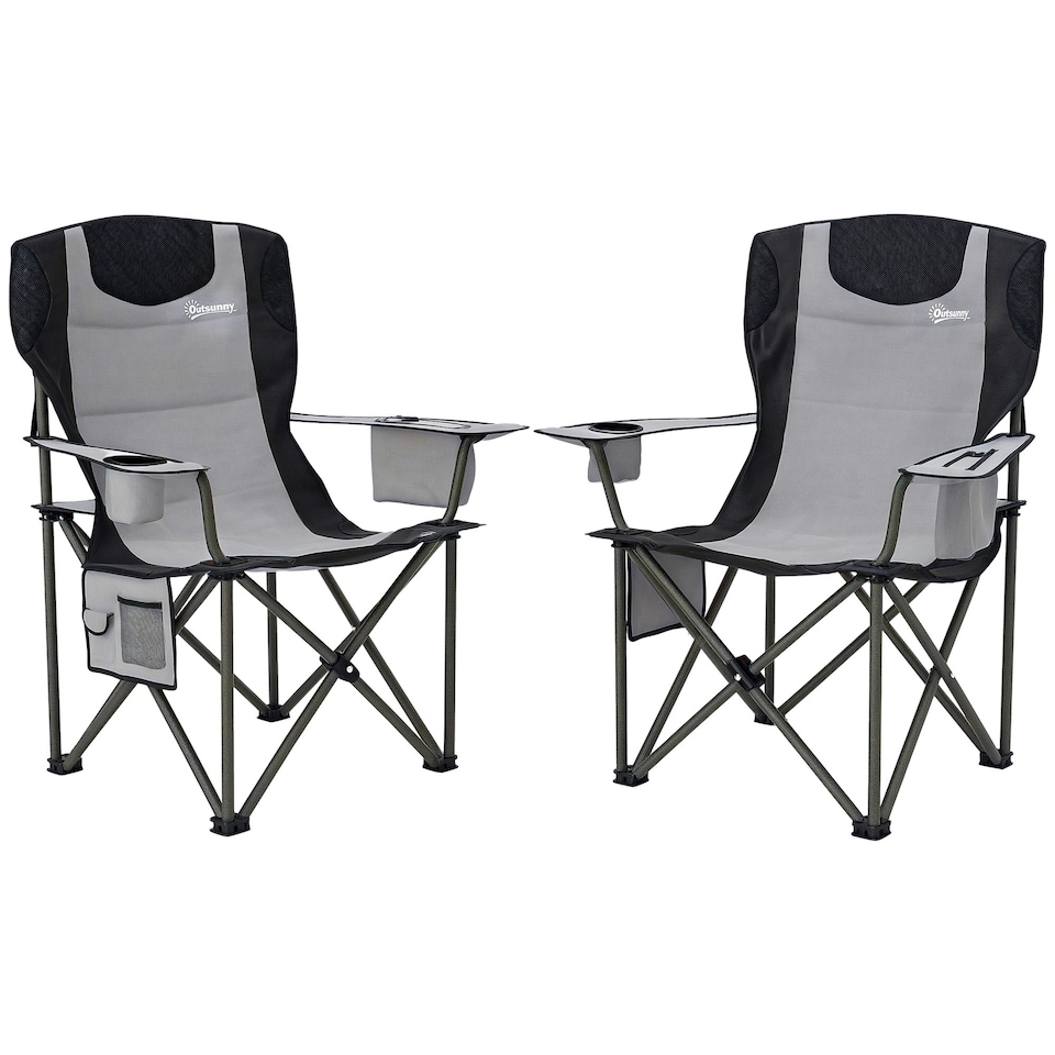 image 1 of Outsunny Set of 2 Padded Folding Picnic Chairs with Cooler Bag, Grey Black | Black