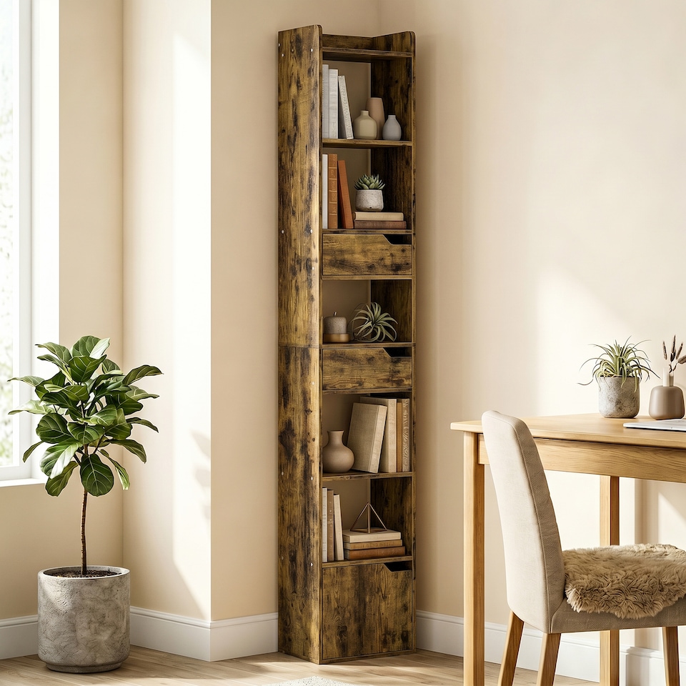 image 1 of HOMCOM Bookcase Tall Narrow with 5 Tiers Drawers