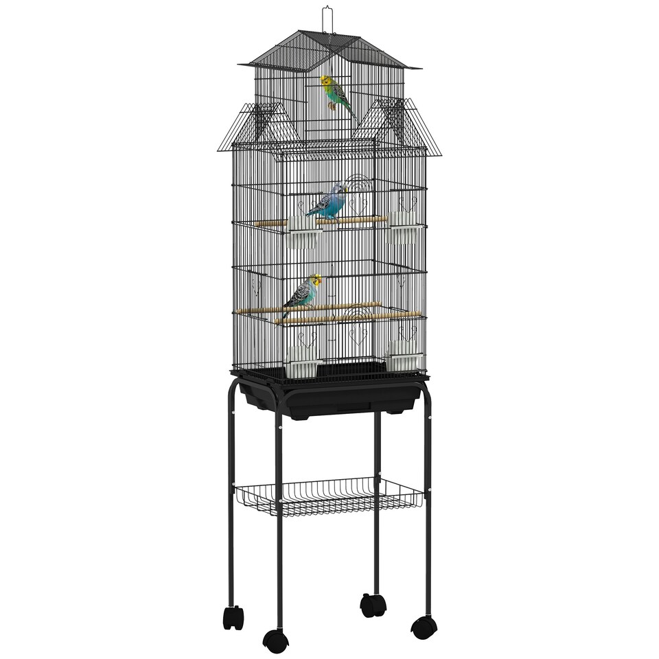 image 1 of PawHut Bird Cage Budgie Cage with Stand Slide Tray Handle for Finch Canary 43 x 32.5 x 163cm Black