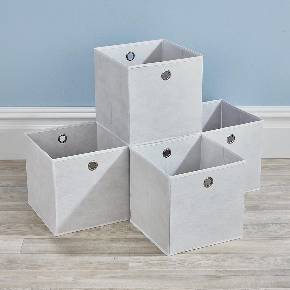image 1 of Foldable Canvas Storage Folding Box Fabric Cube Cloth Bag 4 Piece Set | Cream
