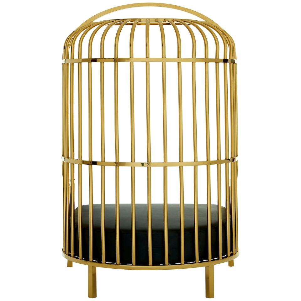 image 1 of Interiors by Premier Gold Finish Dome Cage Chair, Art Deco Style Stainless Steel Statement Chair, Black Faux Leather Padded Seat Gold