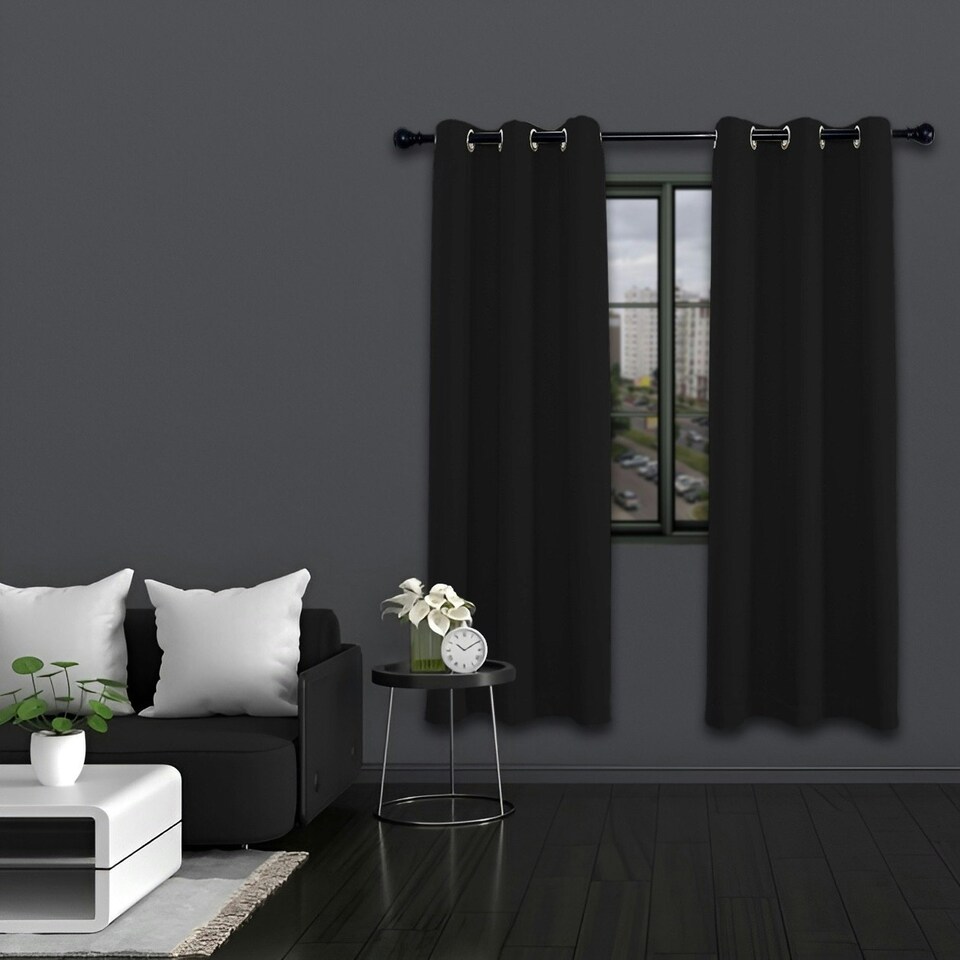 image 1 of Black Blackout Curtains - Eyelet Thermal Curtain  - 46 x 63 Inch Drop - 2 Panel | Black | One Size