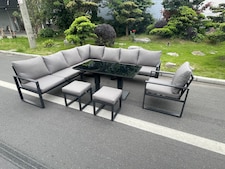 Fimous Aluminum Outdoor Garden Furniture Corner Sofa Chair 2 PC Stools Adjustable Rising Lifting Dining Table Sets Black Tempered Glass Dark Grey 10 Seater