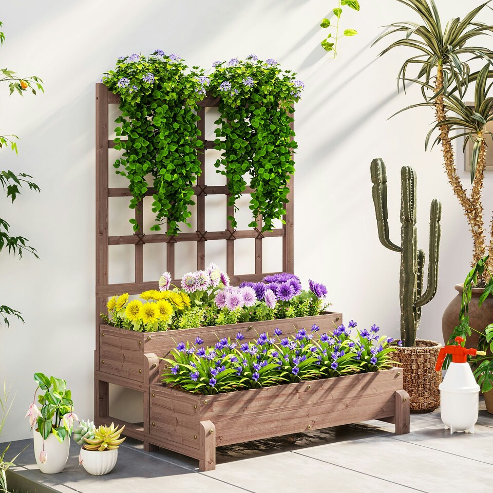 image 1 of Outsunny 2-Tier Wooden Raised Bed with Trellis and Drainage Holes Brown