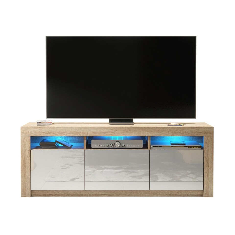 image 1 of TV Unit TV Stand Cabinet Sideboard Oak White High Gloss Doors Free LED 160cm