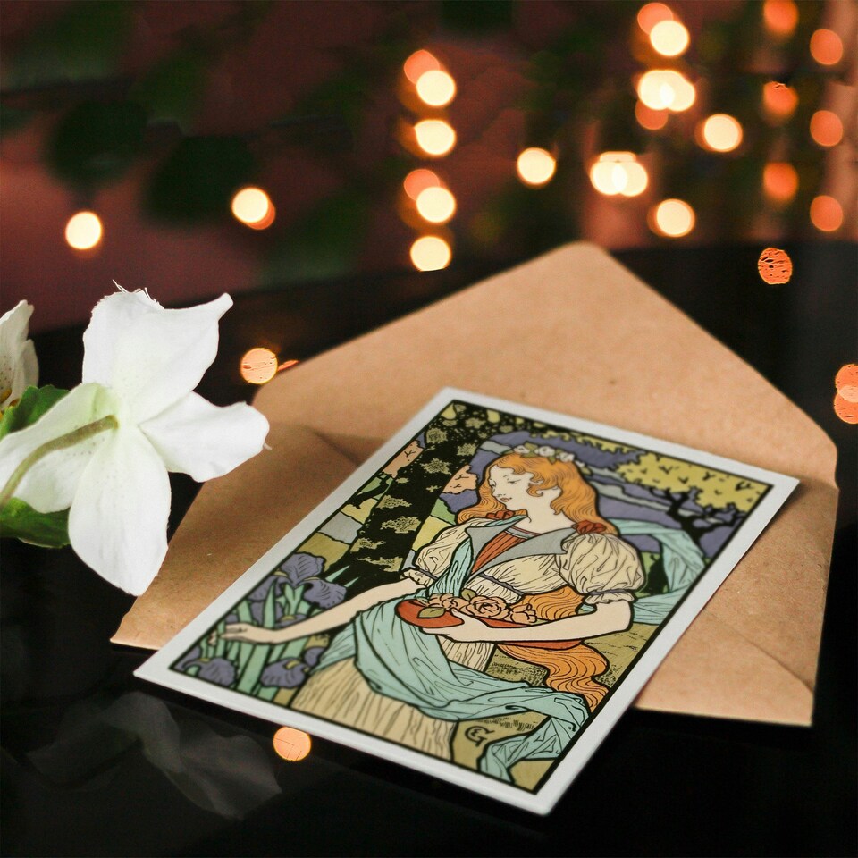 image 1 of Eugene Grasset Art Card Salon des Cent Woman Picking Flowers