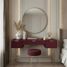 OHS Ribbed Dressing Table Vanity Makeup Desk with 3 Drawers | Red | Dark Berry