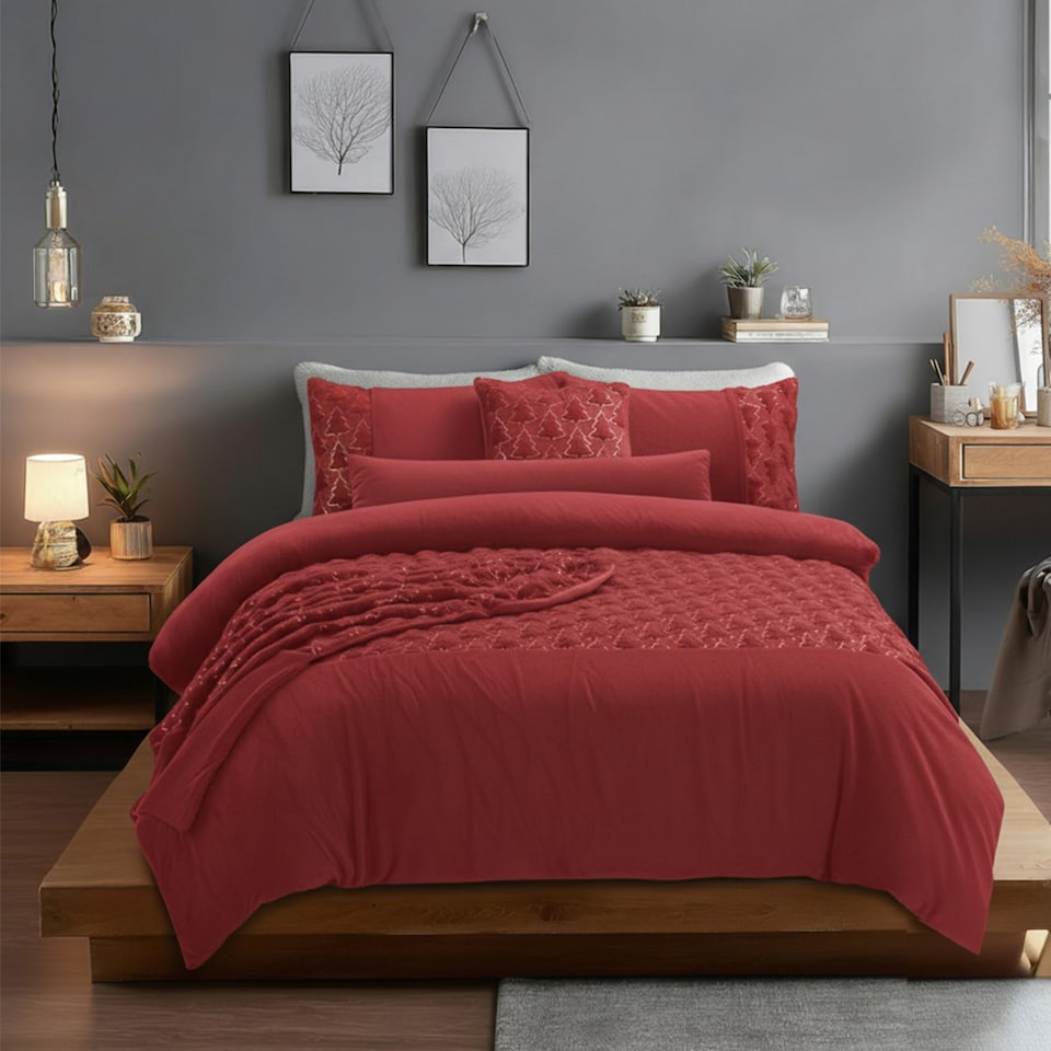 image 1 of Ultra Soft Teddy Duvet Cover Set Christmas Tree Cozy Fleece Bedding | Red | Double