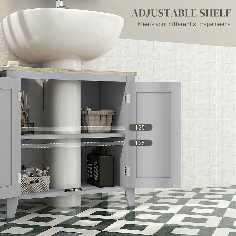 image 1 of kleankin Bathroom Pedestal Under Sink Cabinet with Adjustable Shelf, Grey Grey