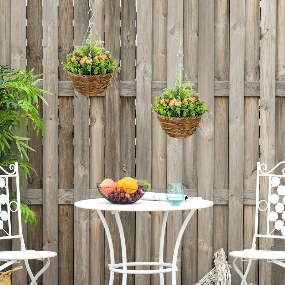 image 1 of Outsunny 2 PCs Artificial Lisianthus Flower Hanging Planter Basket Orange