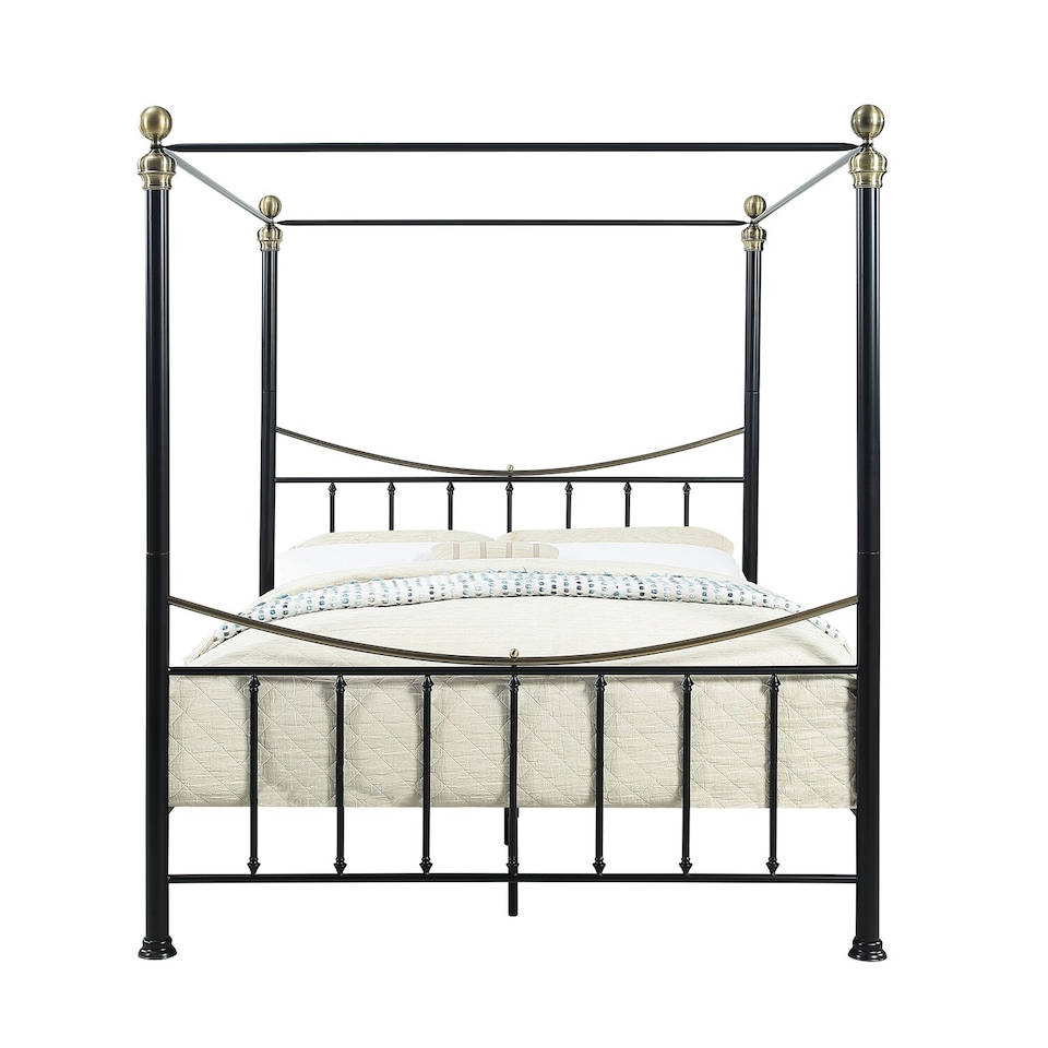 image 1 of Marylebone Traditional Four Poster Canopy Metal Bed Frame | Black | Black & Brass | King