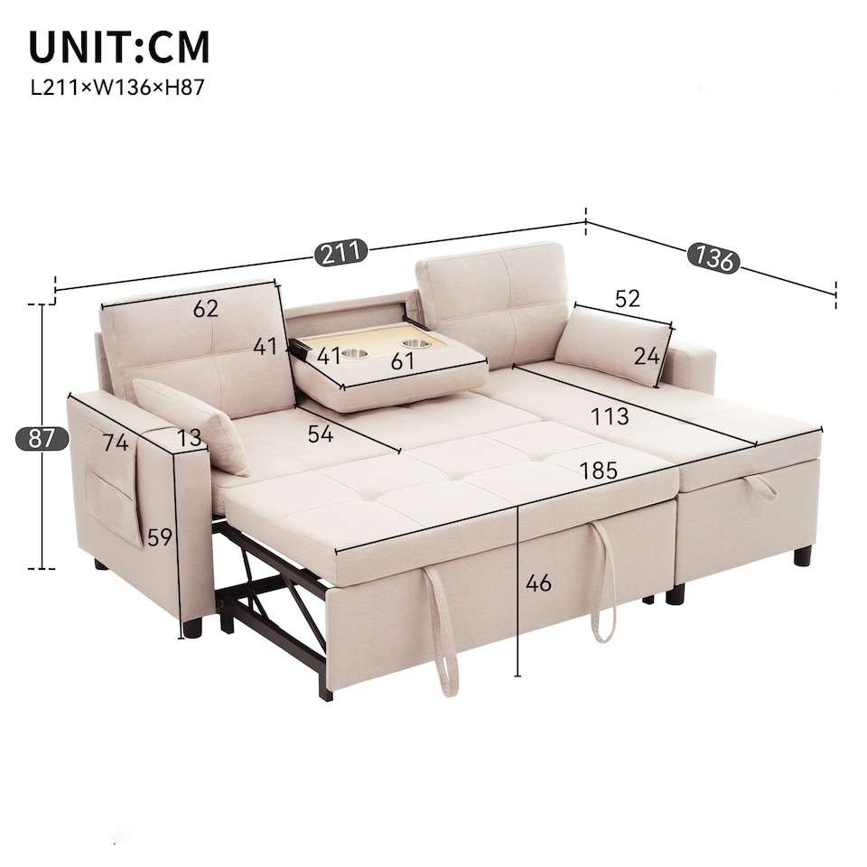 image 1 of FENCHILIN Sofa Bed with Pull-Out Sleeper Reversible Chaise Drop-Down Cup Holder Side Pockets Beige