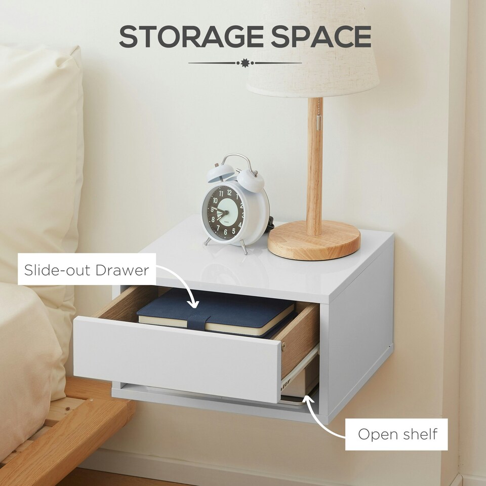 image 1 of HOMCOM Floating Bedside Table Set of 2 Wall Mounted Nightstand W/ Drawer Black