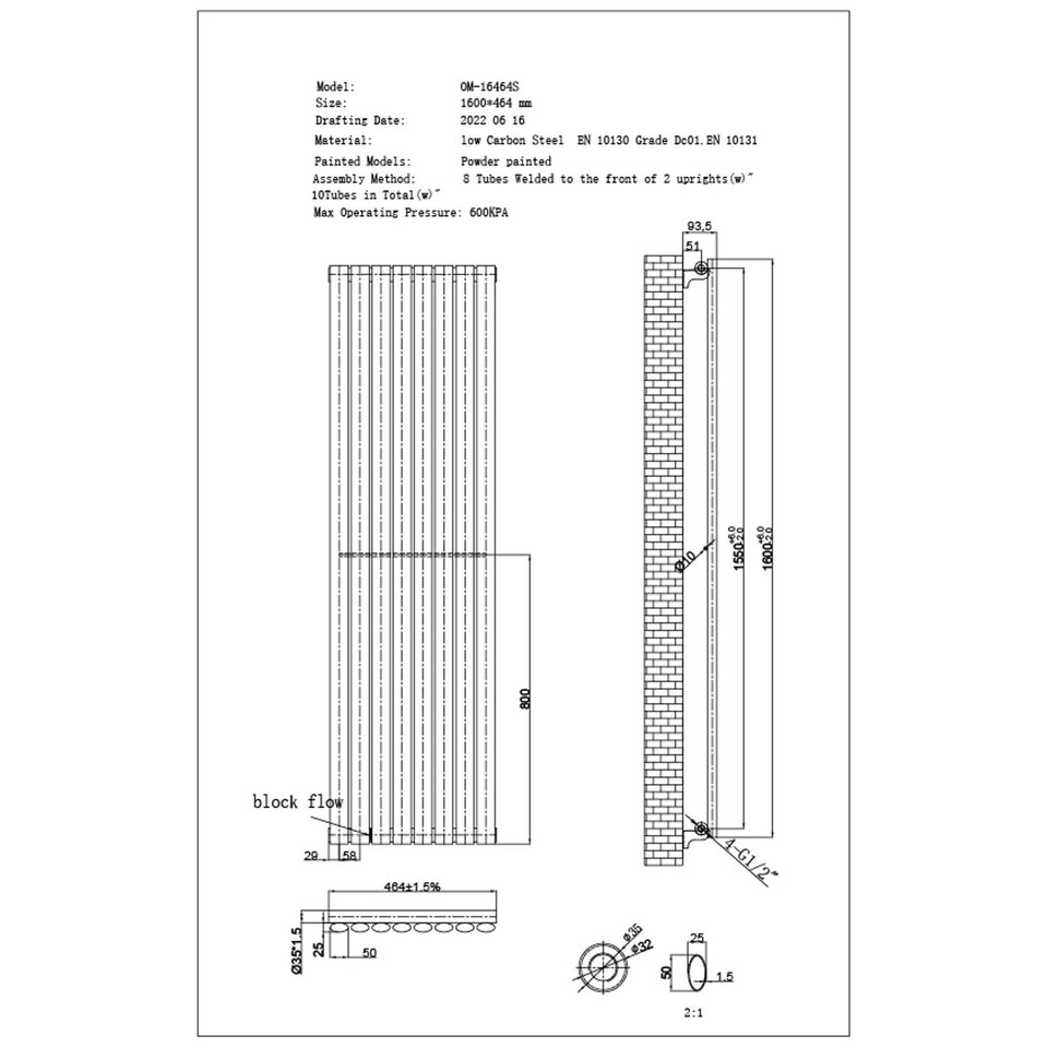 image 1 of Omeara Axis - Black Horizontal Radiator H464mm x W1600mm Single Panel