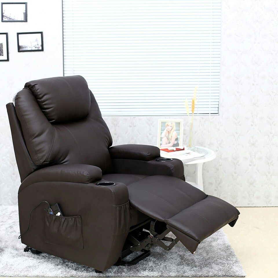 image 1 of Cinemo Single Motor Rise Recliner Bonded Leather Heat & Massage Chair (Brown)
