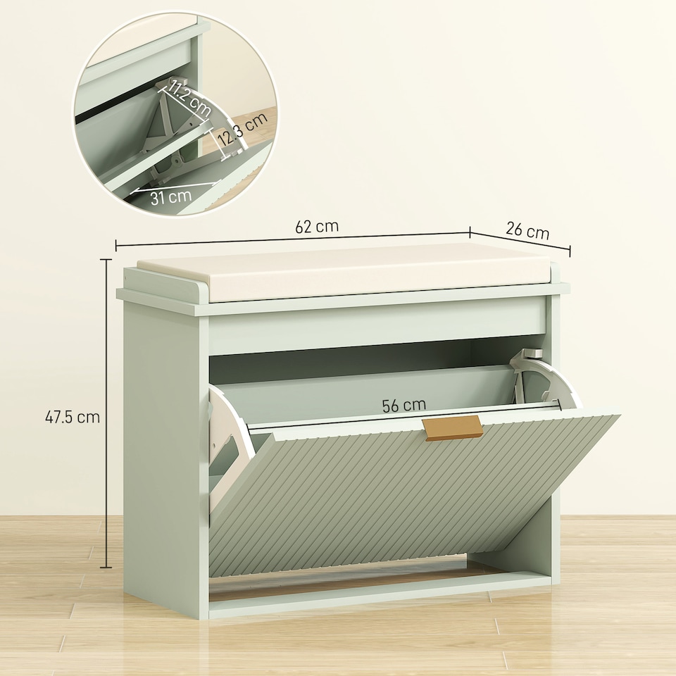 image 1 of HOMCOM Shoe Bench with Padded Seat Cushion and Flip-Drawer, Shoe Cabinet Holds up to 120kg for Hallway, Entryway and Porch, 62x26x47.5cm, Green | Green | Green