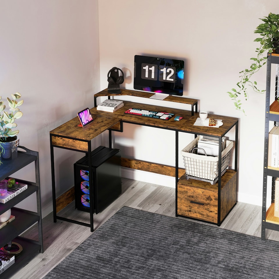 image 1 of HOMCOM L Shaped Desk, Computer Table with Liftable Desktop, Rustic Brown Brown | Black
