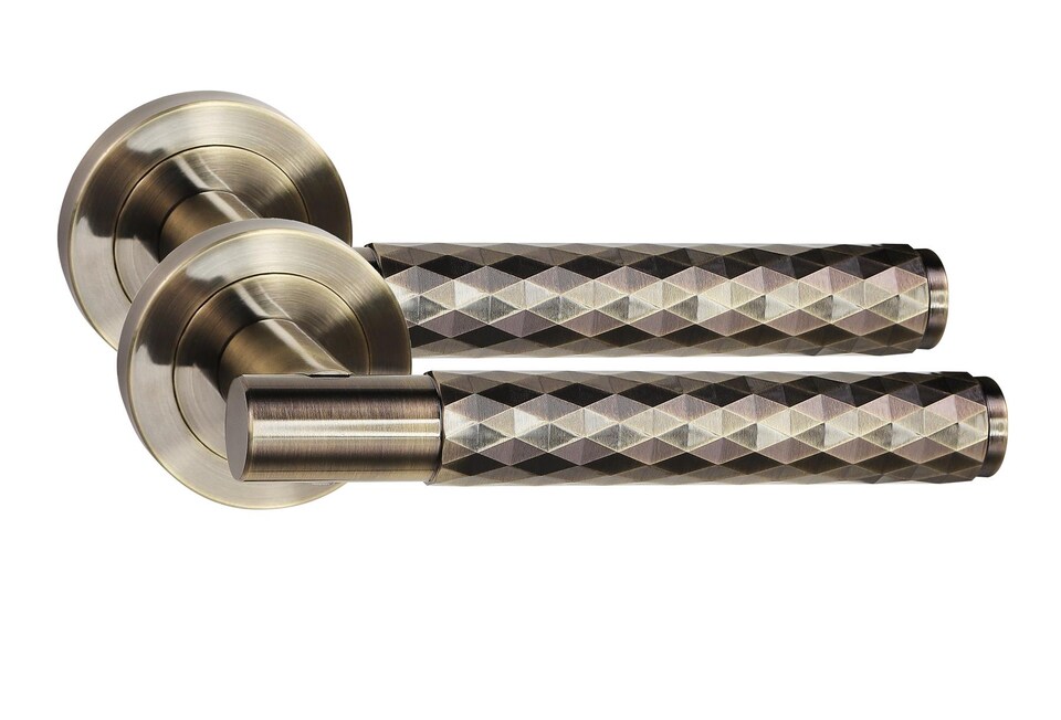 image 1 of Golden Grace 1 Pair Knurled Diamond Cut T-Bar Door Handle Antique Brass Finish with Spindle and Screws