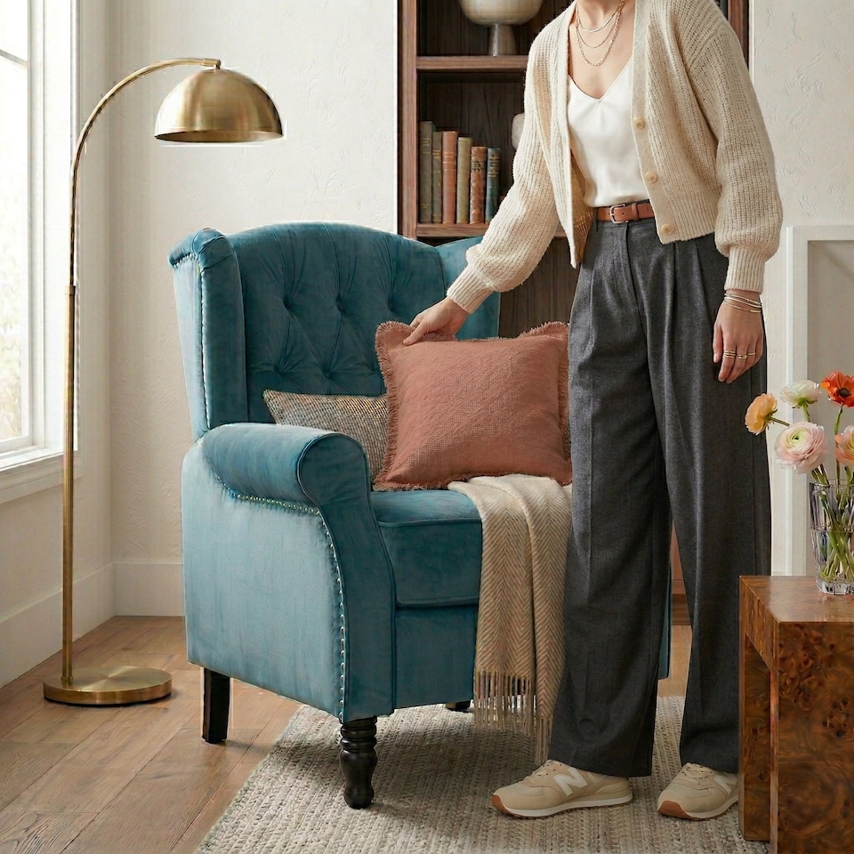 image 1 of Velvet Black Marianna Manual Recliner Wingback Chair
