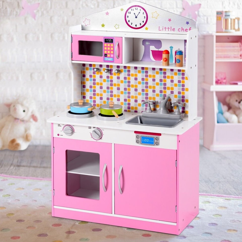 image 1 of COSTWAY Wooden Kids Play Kitchen Children Role Play Pretend Set