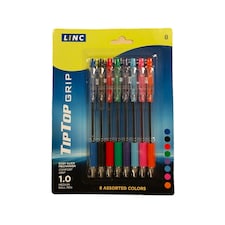 Pack of 8 Premium Linc Tip Top Grip Retractable Assorted Colours Ball Pens