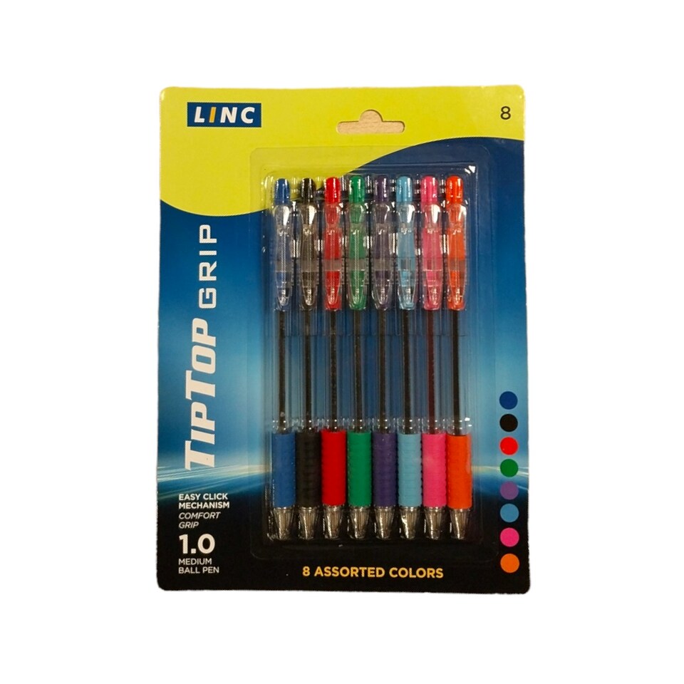 Pack of 8 Premium Linc Tip Top Grip Retractable Assorted Colours Ball Pens