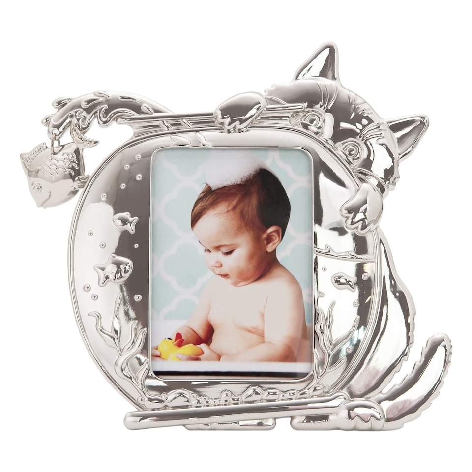 image 1 of Quirky Hiding Cat Themed Nickel Plated Picture Frame with Hanging Fish | Silver | 4" x 4"
