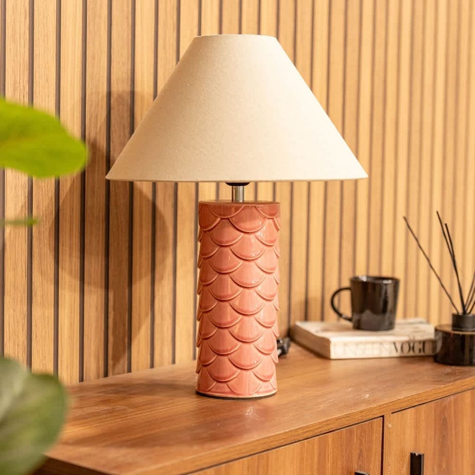 image 1 of ValueLights Athena Ceramic Coral Mermaid Shell Scallop Table Lamp Taper Shade & Bulb | Pink
