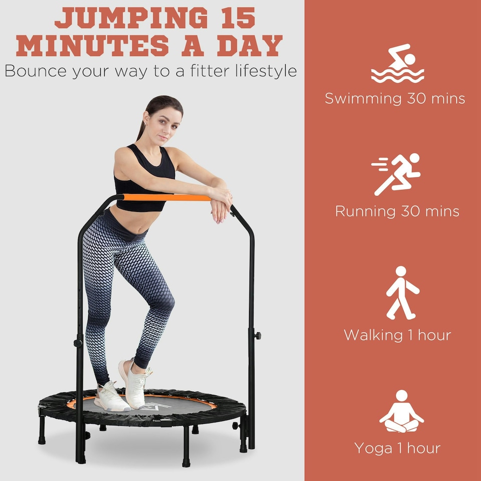 image 1 of HOMCOM 40" Foldable Mini Fitness Trampoline w/ Foam Handle, Orange