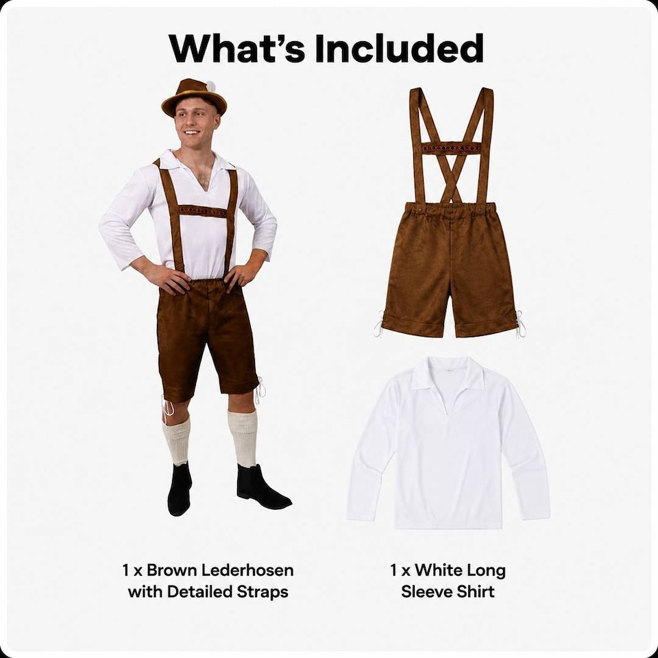 image 1 of Mens Oktoberfest Bavarian Costume Brown Lederhosen Beer Festival German Fancy Dress Outfit