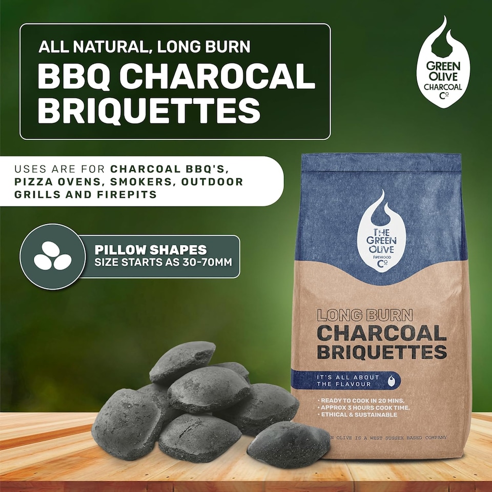 image 1 of Green Olive Firewood - 1 x 4kg Bag - Long Burn BBQ Charcoal Briquettes, Use for Charcoal Barbecues and Smokers. Natural, Quick Lighting and Long Burn Time | Black | 1