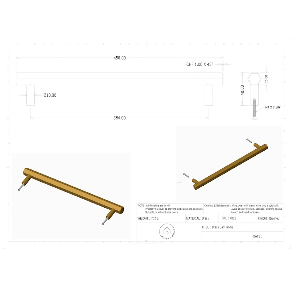 image 1 of Pushka Home Solid Brass Hexagonal Bar Handle 384mm - Black