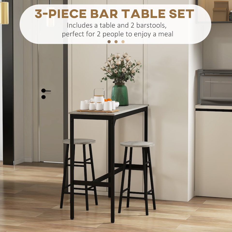 image 1 of HOMCOM 3 Piece Bar Table Set with 2 Stools, Industrial Bar Table and Stool Set, Dining Table and Chair Set for Small Space, Grey