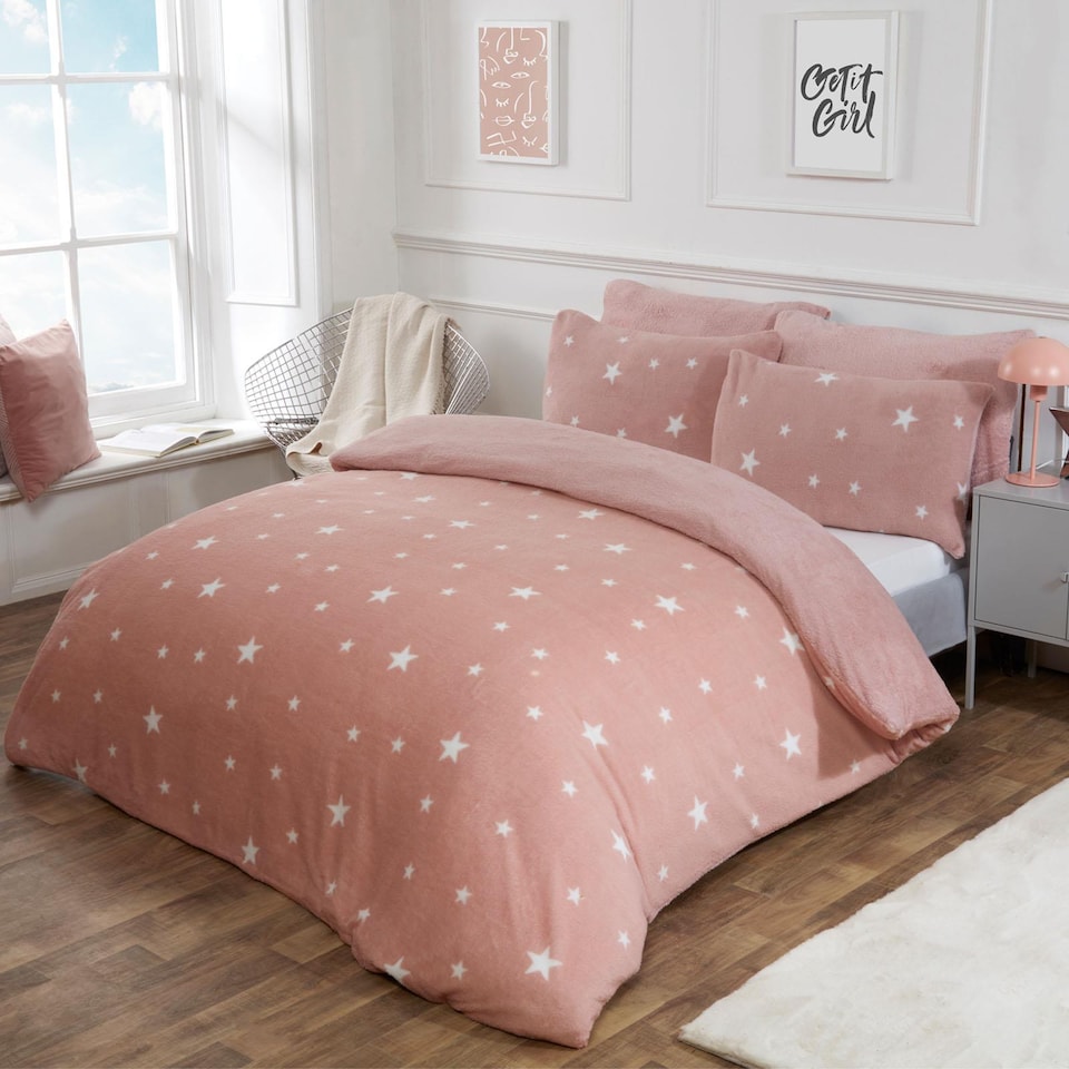 image 1 of OHS Star Teddy Duvet Cover with Pillowcase Set | Pink | Blush | King