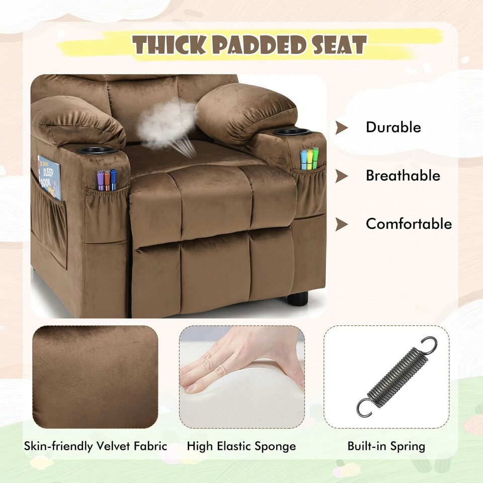 image 1 of COSTWAY Kids Recliner Chair Velvet Adjustable Sofa Chair Coffee Brown
