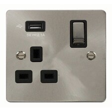 SE HOME Flat Plate Satin / Brushed Chrome 1 Gang 13A DP Ingot 1 USB Switched Plug Socket - Black Trim - SE Home Black | Satin Chrome
