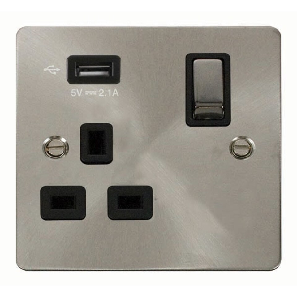 SE HOME Flat Plate Satin / Brushed Chrome 1 Gang 13A DP Ingot 1 USB Switched Plug Socket - Black Trim - SE Home Black | Satin Chrome