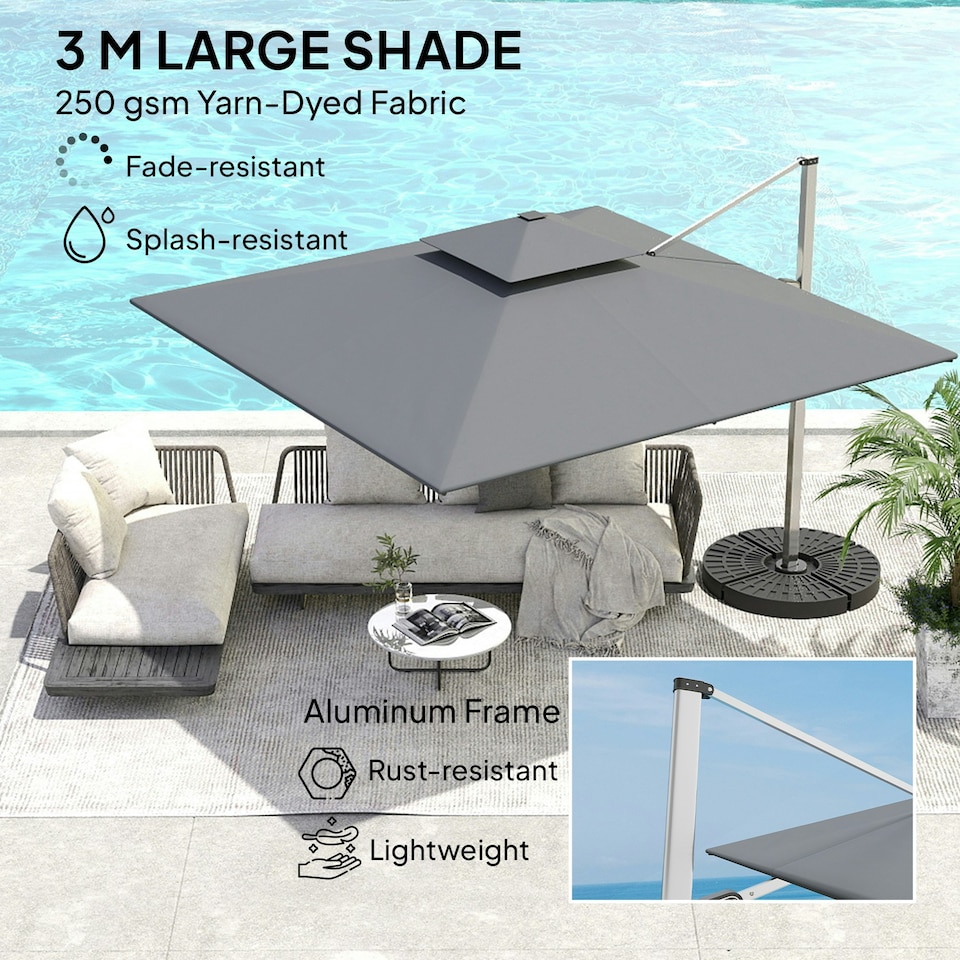 image 1 of Outsunny Garden Cantilever Parasol, Patio Umbrella w/ Solar LED Lights, Grey Grey | Grey