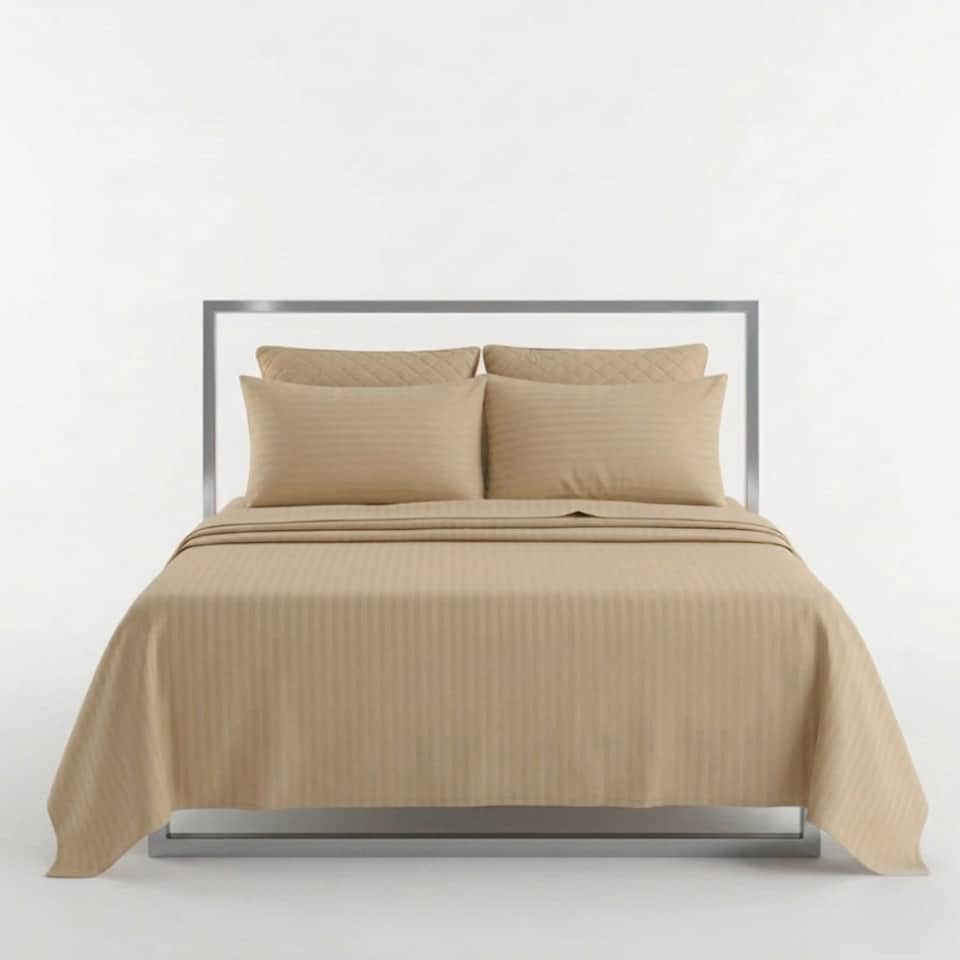 image 1 of Luxury Satin Stripe T250 Cotton Rich Soft Flat Sheet Bed Linen | Brown | Beige | King