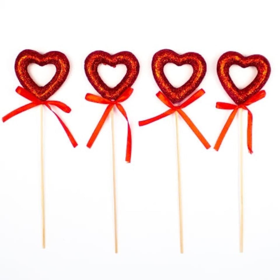 Glitter Heart Shape Decorative Picks - Pack of 4