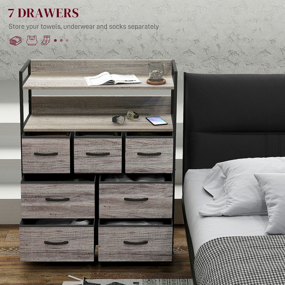 image 1 of HOMCOM Bedroom Chest of Drawers 7 Drawer Dresser w/ Shelves, Grey Wood Effect