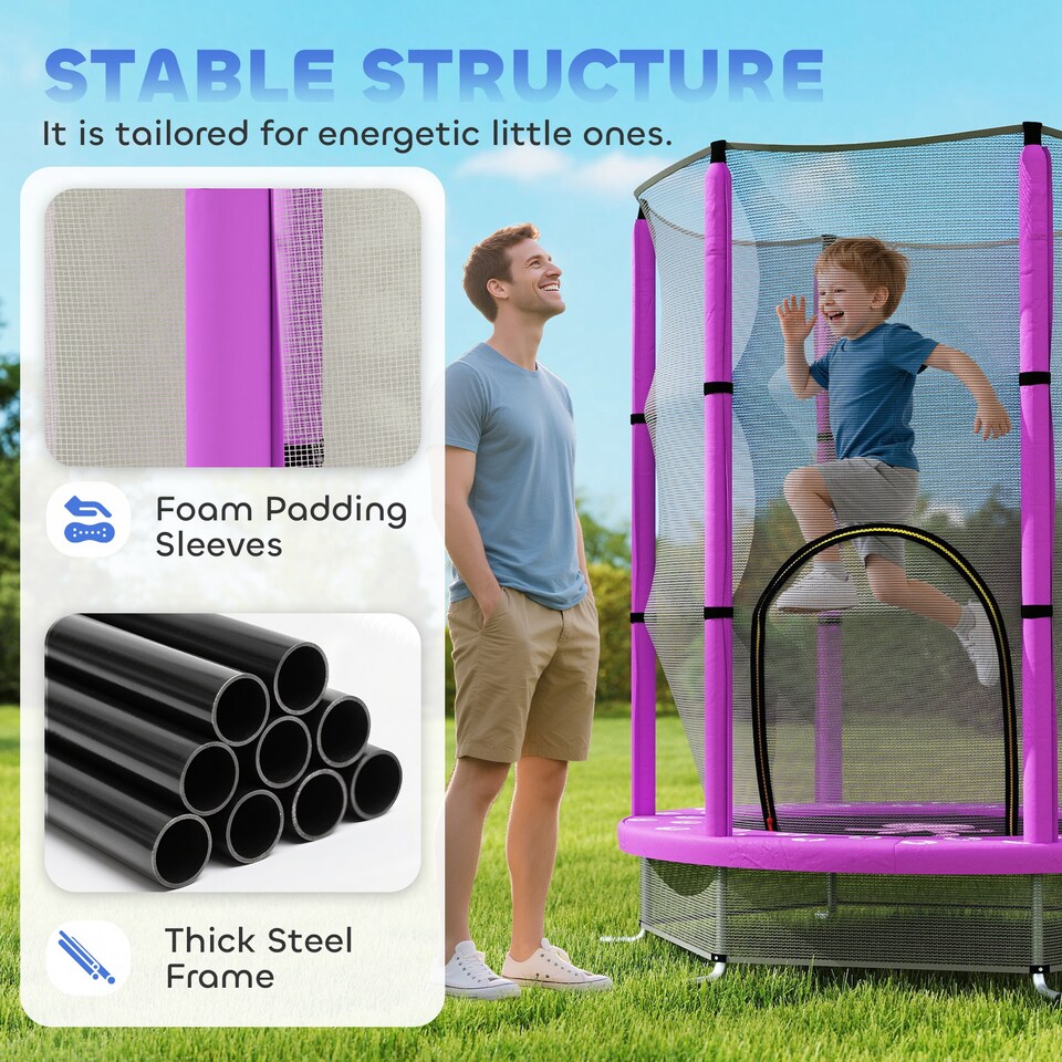 image 1 of AIYAPLAY 4.6FT Kids Trampoline with Safety Enclosure Net | Purple | Purple