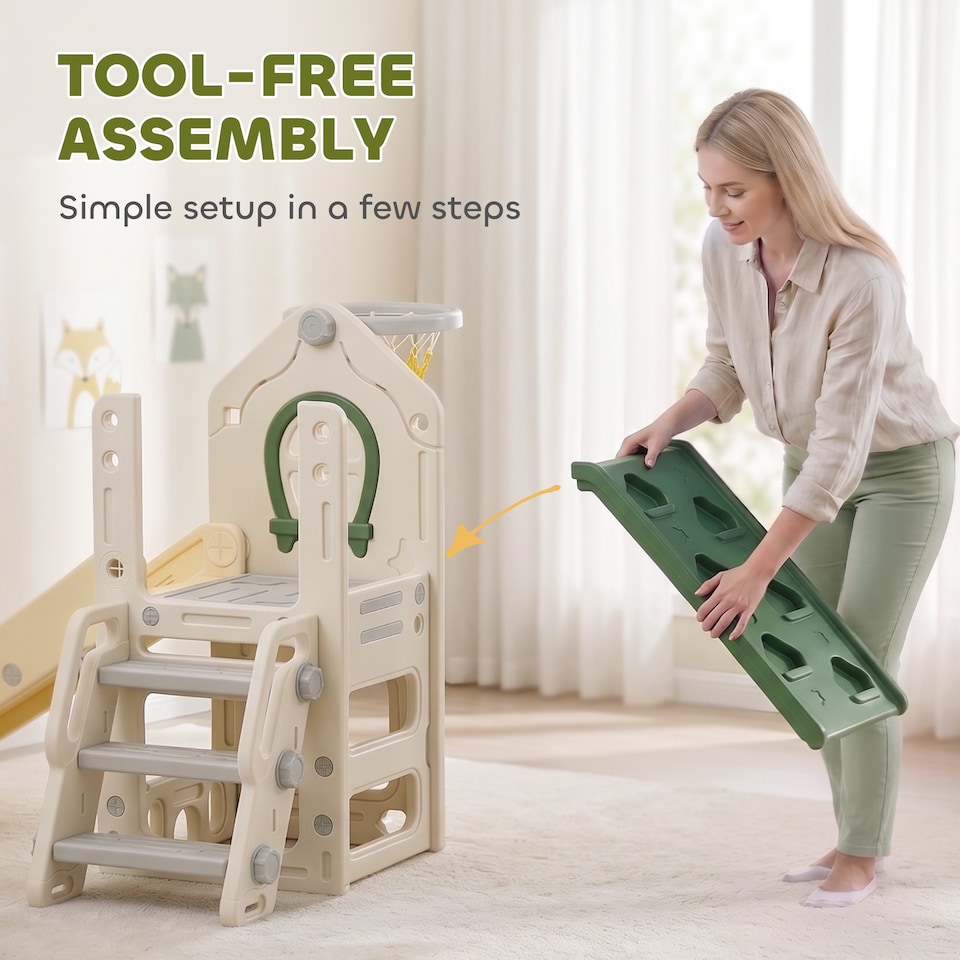 image 1 of AIYAPLAY Foldable 5 in 1 Kids Slide with Climber and Basketball Hoop, Cream