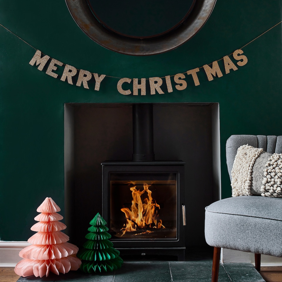 image 1 of Gold Glitter 'Merry Christmas' Wooden Banner 2m | Multi