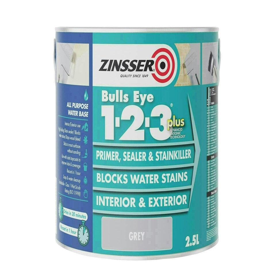 Bulls Eye 1-2-3 Plus Primer, Sealer & Stain Killer Grey 2.5 litre - ZINBE123PG25