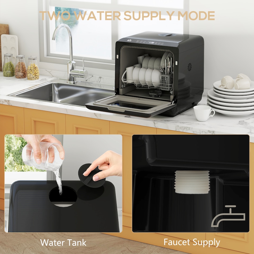 image 1 of HOMCOM Tabletop Dishwasher, Mini Countertop Dishwasher with Built-in 6L Water Tank, 6 Programs, Touch Control, LED Display, 4 Place Settings, Dual Water Supply and Air Drying Function, Black