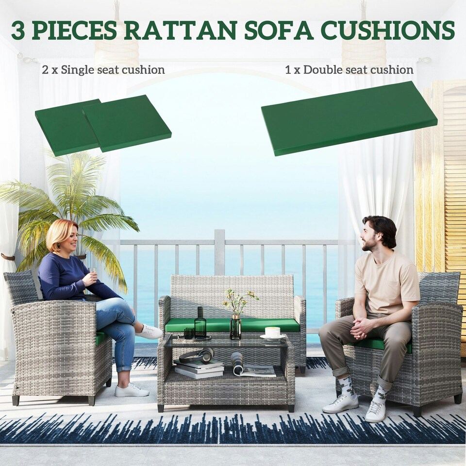 image 1 of Outsunny 3PCs Rattan Garden Seat Cushions Pads for Patio Furniture Green | Green